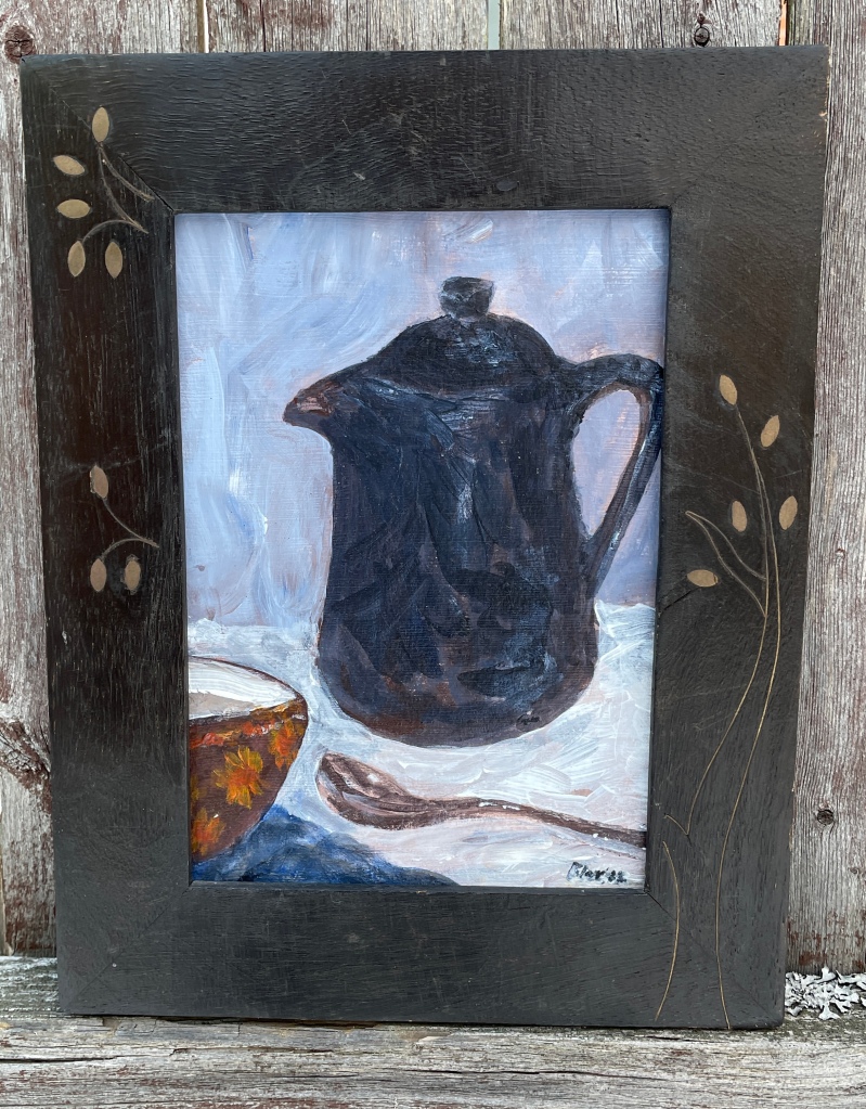 "Jan's Delight," acrylic painting of teapot, silver spoon, and colorful mug full of tea set upon a white tablecloth and blue napkin, painted in the realist style